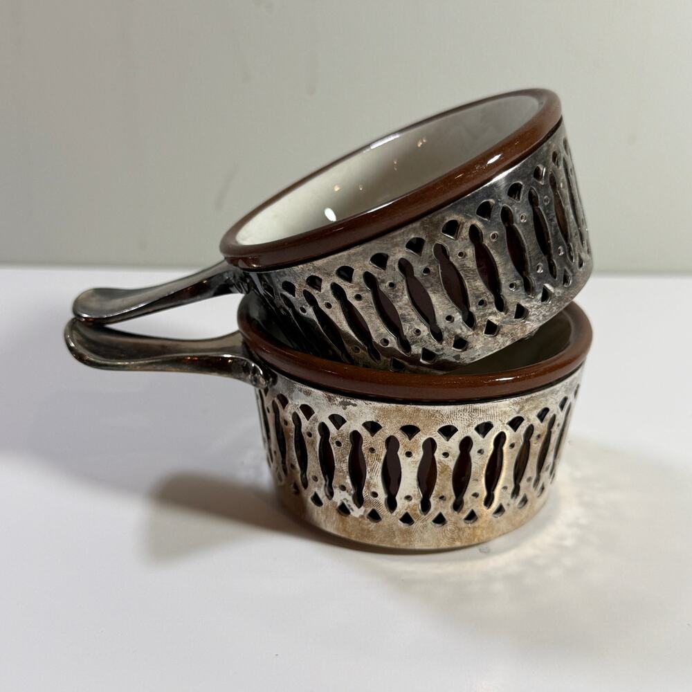 Weller Stoneware Vintage Ceramic Ramekins with Stainless Steel Holders Set of 2 - Picture 2 of 8